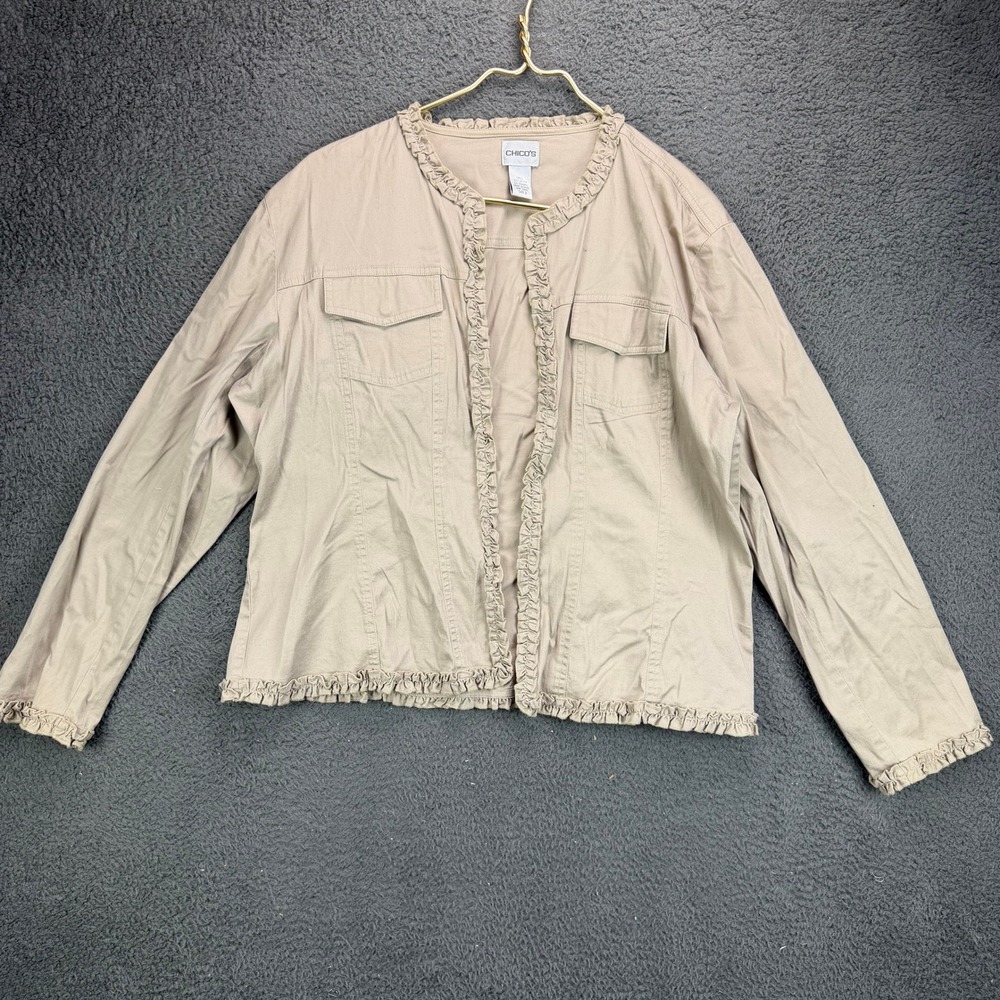 Chicos Womens Size 2 Tan Cotton Spandex Ruffle Trim Open Front Utility Jacket